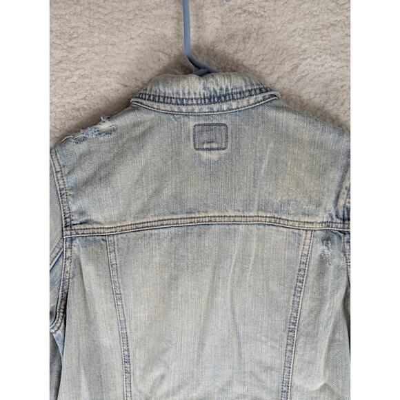 American Eagle Jacket Womens Medium Blue Distressed Denim Trucker Preppy - Picture 12 of 16